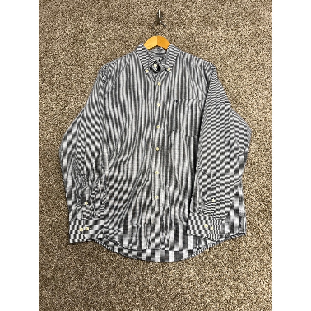 IZOD Mens Long Sleeve Button Down Shirt Navy Blue White Micro Check Size M